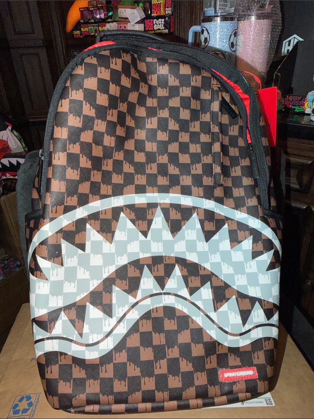 Sprayground Brown & Black Checker Shark Backpack with White Shark Graphic